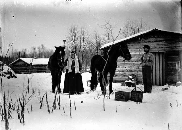 Photo of a man and woman standing with two horses on a farm in the winter, trees and two log buildings are in the background, ca. 1910.